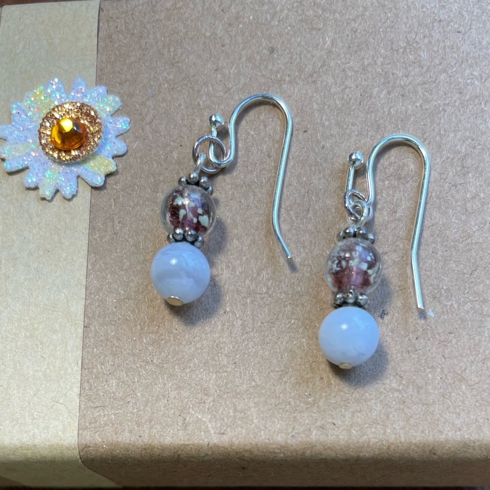 Blue laced Agate and glow in the dark glass bead earrings